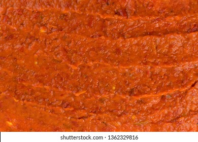 Ajvar Or Pindjur Orange Vegetable Spread Texture Or Pattern. Marinara Sauce, Salsa, Chutney Or Lutenica Background