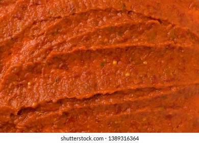 Ajvar Or Pindjur Orange Vegetable Spread Texture Or Pattern. Marinara Sauce, Salsa, Chutney Or Lutenica Background