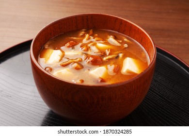 Akadashi Miso Soup With Licked Mushrooms And Tofu