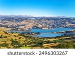 Akaroa Bay, Canterbury, South Island, New Zealand, Oceania.
Banks Peninsula in Christchurch District. View from Hilltop Lookout Point. 