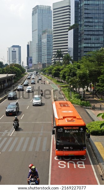 akarta, Indonesia - 19 June 2022: Transjakarta\
is the first Bus Rapid Transit transportation system in Southeast\
Asia and South Asia. Currently, the Transjakarta Electric Bus is\
available.