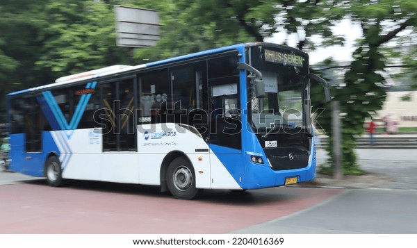 akarta, Indonesia - September 18, 2022:\
Transjakarta is the first Bus Rapid Transit transportation system\
in Southeast Asia and South Asia. Currently, the Transjakarta\
Electric Bus is\
available.