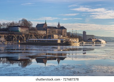Akershus Fortress in Oslo, Norway. View from the Aker Brygge Marina. Oslo, Norway.