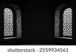 Akhaltsikhe city, Georgia. Rabati Castle. 2 two Arched Windows. Classic arch mock up template on stone wall. building exterior facade. architecture background. estate architectural detail of Mosque 