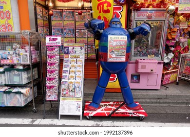 Akihabara, Tokyo, Japan - April 17 2016: A Statue Of The Manga Robot Character Tetsujin 28 (Iron Man No. 28) Outside A Store.                        
