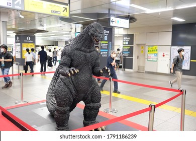 Akihabara, Tokyo, Japan - August 6 2020: A Godzilla statue display at Akihabara station.