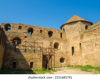 Akkerman fortress. Medieval castle near the sea. Stronghold in Ukraine. Ruins inside of the citadel of the Bilhorod-Dnistrovskyi fortress, Ukraine. View on the Evacuation Tower.