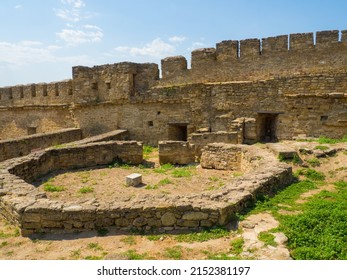 Akkerman fortress. Medieval castle near the sea. Stronghold in Ukraine. Ruins of the citadel of the Bilhorod-Dnistrovskyi fortress, Ukraine. Battlement defensive wall from the estuary