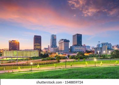 Akron, Ohio, USA downtown skyline at dusk.