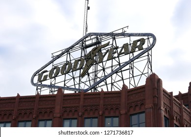 AKRON, OHIO/USA – December 26, 2018: The large rooftop sign of the old Goodyear Tire and Rubber Company in Akron, Ohio