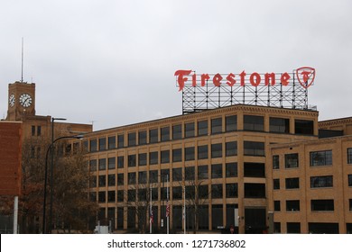 AKRON, OHIO/USA – December 29, 2018: The large rooftop sign of the old Firestone Tire Company in Akron, Ohio