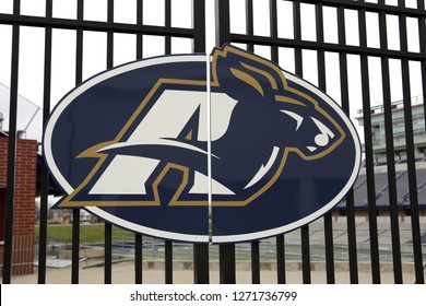 AKRON, OHIO/USA – JANUARY 01, 2019: A sign at the University of Akron football stadium with Zippy the mascot