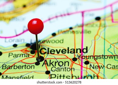 Akron Pinned On A Map Of Ohio, USA
