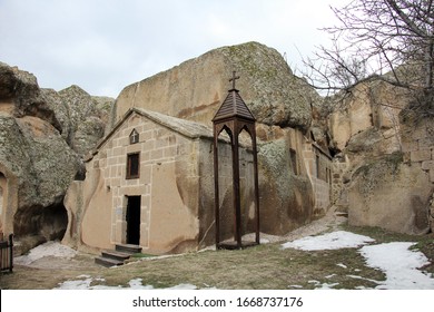 Aksaray, Turkey - March 1, 2020: Sivisli Church Is Located In The Güzelyurt District Of Aksaray. The Church Was Built By Carving The Rocks. It Contains Historical Wall Paintings.