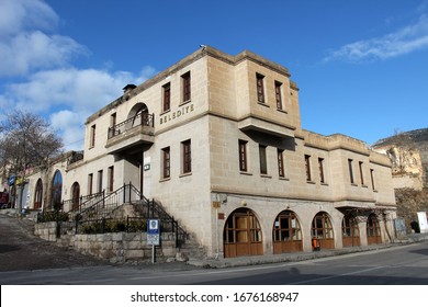 Aksaray, Turkey - March 1, 2020: Güzelyurt Municipality Building. Güzelyurt Is A District Of Aksaray City. The District Stone Buildings Of The District In The Cappadocia Region Are Famous.