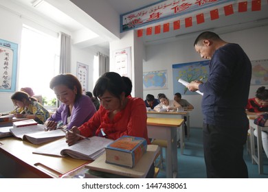 AKSU, CHINA - APRIL 24 2019. Uigurs learn Chinese language at reeducation camp (vocational skills training center)  in Wensu County, Aksu prefecture in Xinjiang