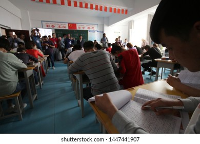 AKSU, CHINA - APRIL 24 2019. Uigurs learn Chinese language at reeducation camp in Xinjiang. Journalists were able to visit the "vocational training center" in Wensu County, Aksu Prefecture in Xinjiang