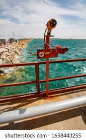 Aktau, Kazakhstan - May 19 2012: Caspian Sea, Gas Loading Terminal. Fire Sensor. Pier With Road And Sea On Background.