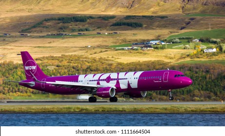 Akureyri, Iceland - September 18 2017: Plane With Wow Air Logo Lands At Akureyri Airport