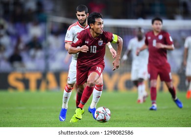 Al Ain, UAE - Jan 14 2019: Teerasil Dangda in action during AFC Asian Cup 2019 between UAE and Thailand at Hazza bin Zayed Stadium in Al Ain, UAE.