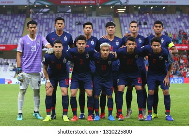 Al Ain, UAE - Jan 20 2019: Thailand Team Before The Game In AFC Asian Cup 2019 Round Of 16 Between Thailand And China PR At Hazza Bin Zayed Stadium In Al Ain, UAE.