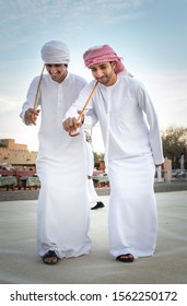 Al Ain, United Arab Emirates, 16th November 2019: emirati men in their traditional clothing, dancing cultural dances