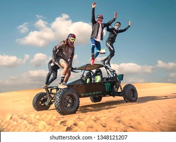 Al Faya, Dubai, UAE - 12th March 2019 : Unknown Tourists On A Jump From Dune Buggy Off-roader