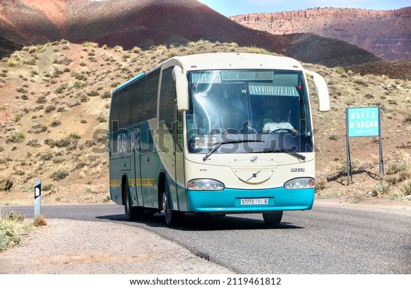 Al Haouz\
Province, Morocco - September 23, 2019: Touristic coach bus Irizar\
Century II 12.35 at the Atlas\
Mountains.