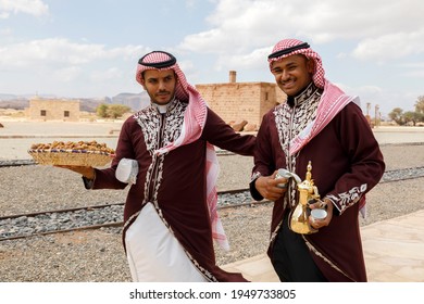 Al Ula, Saudi Arabia, February 19, 2020: At The Hejaz Railway Station In Al Ula, Tourists Are Welcomed With Saudi Arabian Hospitality Before The Guided Tours To The Tombs Of Hegra Start