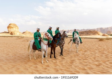 Al Ula, Saudi Arabia, February 19 2020: Horsemen in traditional costumes in Al Ula at the Tantora Festival in Saudi Arabia