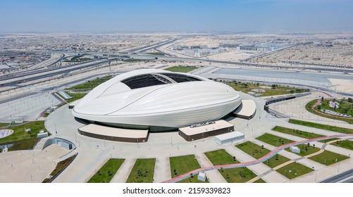 AL WAKRAH, QATAR - 2022: Aerial view of Al Janoub Stadium, modern football (soccer) stadium for FIFA World Cup 2022