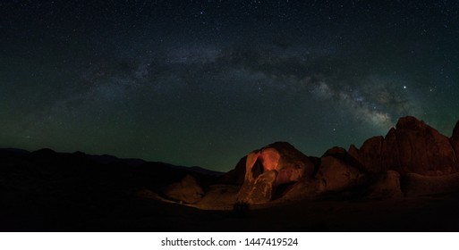 Alabama Hills At Night. Stars, Milky Way, Badlands And Desert Landscape.