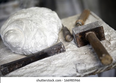 Alabaster Stone And Tools For Working Stone Hammer Chisel