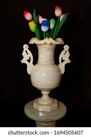 Alabaster Vase With Painted Wooden Tulips