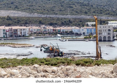 Alacati, Cesme, Izmir - Turkey- 04-25-2021: Construction Works In Alacati Wetland. Alacati Port Project.