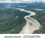 Alagnak Wild River in Alaska. Alagnak River, originating in Katmai National Preserve’s Kukaklek and Nonvianuk Lakes, is designated as National Wild and Scenic River. Aerial view.