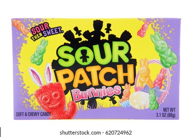 Alameda, CA - April 10, 2017: One Box Of Sour Patch Bunnies. Easter Edition Candy That Is Sour Then Sweet To Eat.