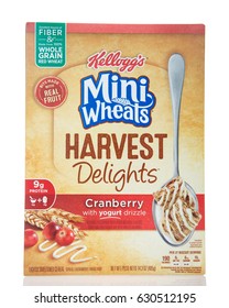 Alameda, CA - April 27, 2017: Box Of Kellogg's Brand Mini Wheats, Harvest Delights Cranberry Flavor With Yogurt Drizzle. The Breakfast Cereal With 8 Layers Of Wheat And One Of Sweet. 