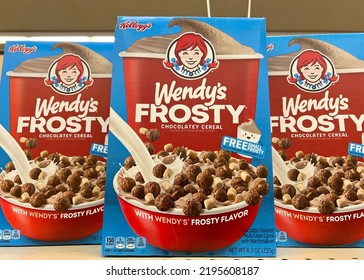 Alameda, CA - Aug 27, 2022: Grocery Store Shelf With Boxes Of Kellogg's Brand Wendy's Frosty Chocolatey Cereal. Popular Children's Breakfast Cereal.