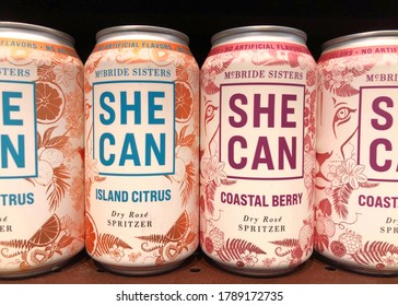 Alameda, CA - August 3, 2020: Grocery Store Shelf With Cans Of McBride Sisters SHECAN Dry Rose Spritzer In Island Citrus And Coastal Berry Flavors. 