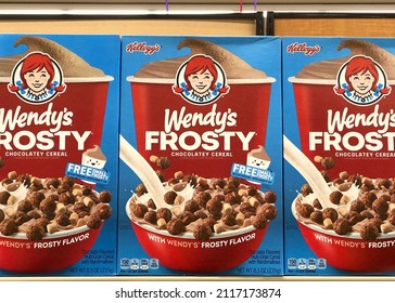 Alameda, CA - Feb 1, 2022: Grocery Store Shelf With Boxes Of Kellogg's Brand Wendy's Frosty Chocolatey Cereal. Popular Children's Breakfast Cereal.