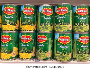 Alameda, CA - Feb 5, 2021: Grocery Store Shelf With Cans Of Del Monte Brand Vegetables. Corn And Green Beans.