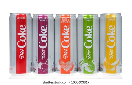 Alameda, CA - February 21, 2018: New slim design cans of Diet Coke. 12 ounce cans are taller and slimmer, with an updated logo with four new flavors: mango, cherry, ginger lime and blood orange.