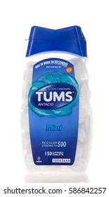 Alameda, CA - February 22, 2017: Container Of Tums Brand Calcium Carbonate Antacid. Mint Flavor. It Works By Neutralizing Acid In The Stomach.