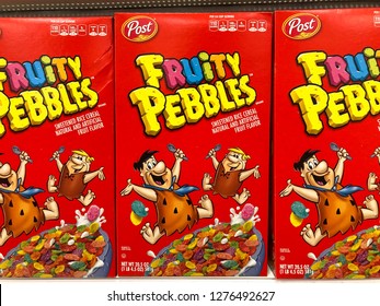 Alameda, CA - January 03, 2018: Grocery Store Shelf With Family Size Boxes Of Post Brand Fruity Pebbles Cereal.