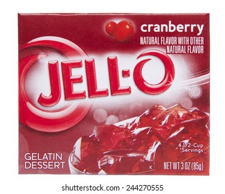 ALAMEDA, CA - JANUARY 14, 2015:  3 Ounce Box Of Jello Brand Cranberry Flavor Jello Mix. Artificial Flavor.