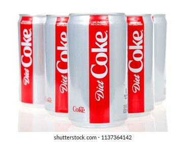 Alameda, CA - July 16, 2018: New smaller 7.5 ounce cans of Diet Coke, Isolated on white background. Coca-Cola is the most popular as well as one of the most recognizable brands in the world.