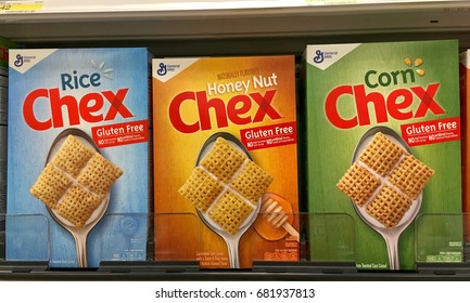 Alameda, CA - July 21, 2017: Grocery Store Shelf With General Mills Brand Chex Mix. Rice, Honey Nut And Corn Chex Cereal