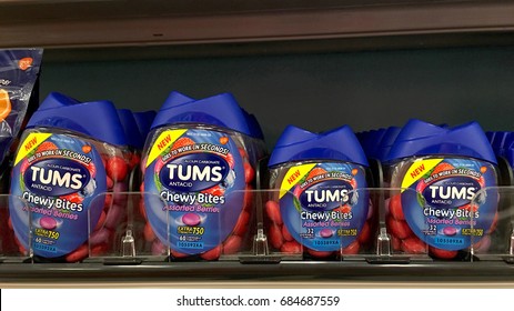 Alameda, CA - July 21, 2017: Grocery Store Shelf With Tums Brand Antacid, NEW Chewy Bites In Assorted Berries Flavor. Extra Strength Heartburn Relief.