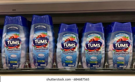 Alameda, CA - July 21, 2017: Grocery Store Shelf With Bottles Of Tums Brand Over The Counter Chewable Antacid Smoothies. Berry Flavored.